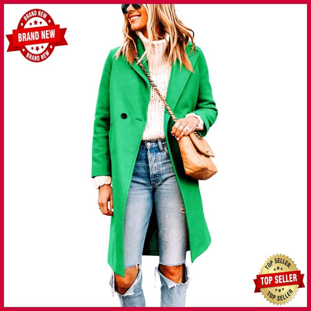 Wool Blend Trench Coat Notch Lapel Double Breasted Knee Length Peacoat